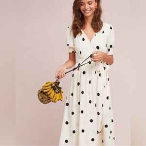 Anthropologie Maeve White and Black Puff Sleeve Midi Sundress
